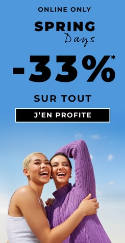 Offre Spring Days en ligne avec −33 % de réduction sur tout, bouton d’achat et visuel printanier sur fond de ciel bleu